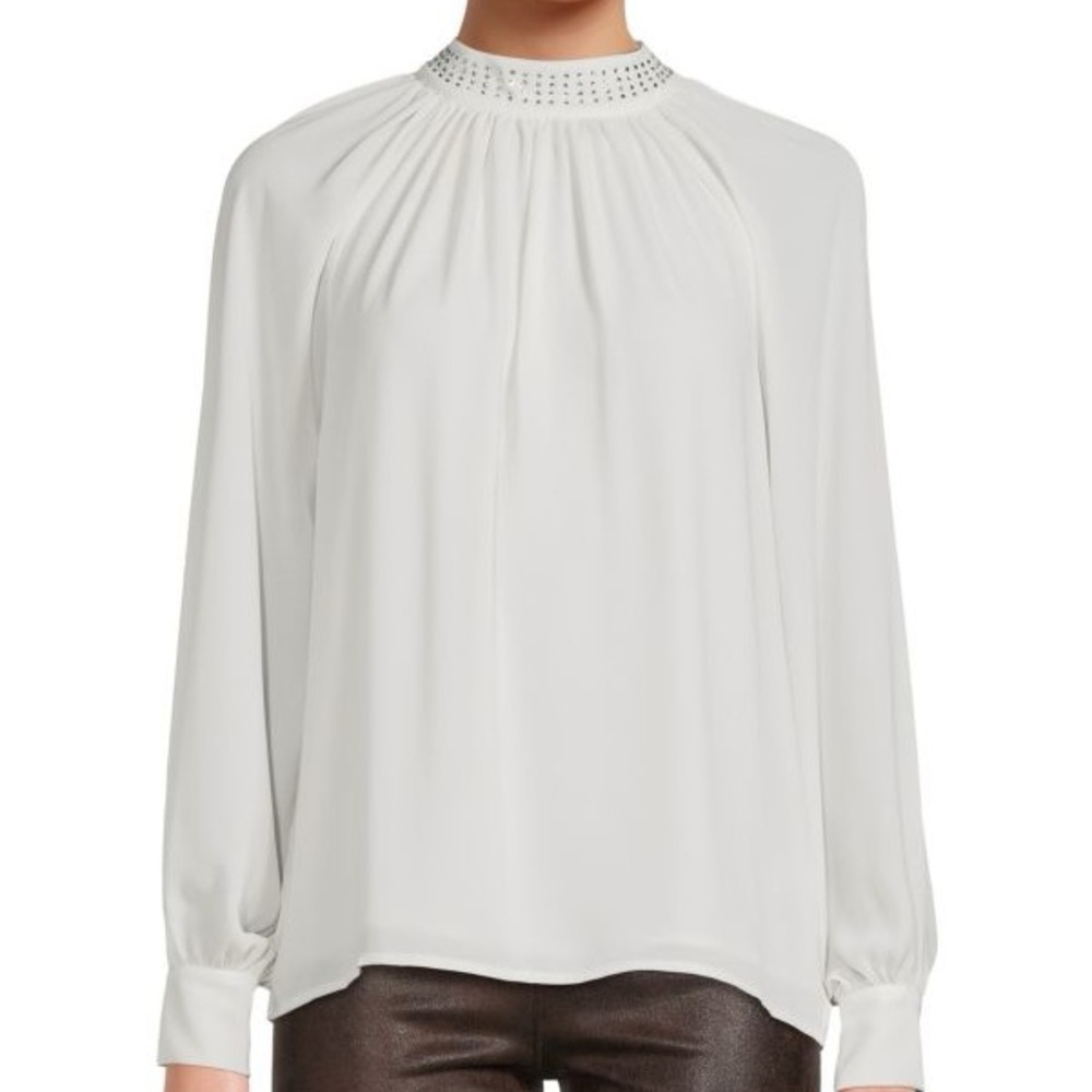 Tahari Elegant White Blouse with Studded Collar